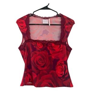 Urban Outfitters Out From Under Red Rose Sleeveless Print Top Blouse Lace Trim L